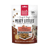 4 oz bag of Surf & Turf Meaty Littles from The Honest Kitchen, slow roasted beef & salmon recipe dog treats. 80% beef & salmon, just 2 calories per treat. Mini, tender & tasty rewards. Over 200 bites per bag. Human grade. Small transparent window on front shows product inside: small, reddish brown bites.