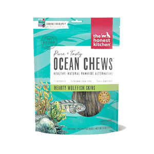 6 oz bag of The Honest Kitchen Pure & Tasty Ocean Chews, Hearty Wolffish Skins. Healthy, natural rawhide alternative; 1 ingredient, extended chew time, easily digestible large chews. Dog treat.