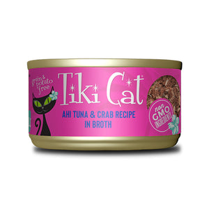 A 2.8 oz can with pull-top lid, of Tiki Cat Ahi Tuna & Crab Recipe in Broth wet food for cats. Small image on can shows minced pieces of tuna and shreds of crab. Grain & potato free and non GMO ingredients.