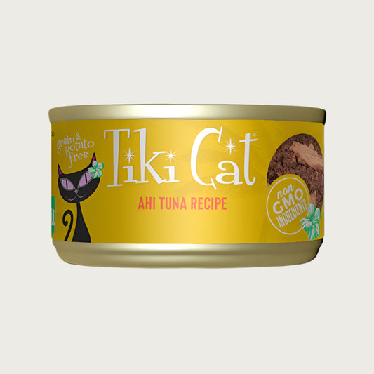A 2.8 oz can with pull-top lid, of Tiki Cat Ahi Tuna Recipe wet food for cats. Small image on can shows actual food, which is minced and flaked pieces of ahi tuna. Grain & potato free and non GMO ingredients.