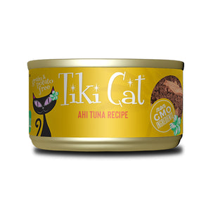 A 2.8 oz can with pull-top lid, of Tiki Cat Ahi Tuna Recipe wet food for cats. Small image on can shows actual food, which is minced and flaked pieces of ahi tuna. Grain & potato free and non GMO ingredients.