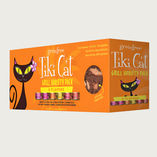 An orange box of Tiki Cat Grill Variety Pack 6 flavors. Box contains 12 - 2.8 oz cans (2 of each flavor). Refer to "Product Details" for the flavor list.