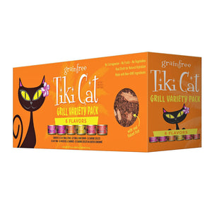 An orange box of Tiki Cat Grill Variety Pack 6 flavors. Box contains 12 - 2.8 oz cans (2 of each flavor). Refer to "Product Details" for the flavor list.