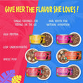 Load image into Gallery viewer, Graphic image showing cans of all 6 flavors, along with bowls of each to display food texture. All have a combination of minced and flaked seafood. Text on top reads "Give her the flavor she loves!" Additional text: single-servings for feeding on the go, real broth for natural hydration, high protein, low carbohydrates, whole food. 
