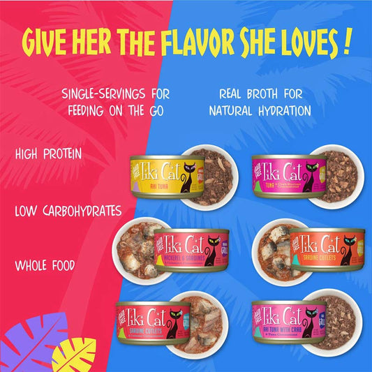 Graphic image showing cans of all 6 flavors, along with bowls of each to display food texture. All have a combination of minced and flaked seafood. Text on top reads "Give her the flavor she loves!" Additional text: single-servings for feeding on the go, real broth for natural hydration, high protein, low carbohydrates, whole food. 