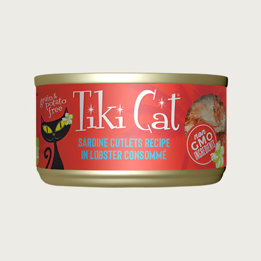 A 2.8 oz can with pull-top lid, of Tiki Cat Sardine Cutlets Recipe in Lobster Consomme wet food for cats. Small image on can shows flaked pieces of sardine. Grain & potato free and non GMO ingredients.