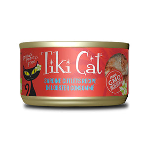A 2.8 oz can with pull-top lid, of Tiki Cat Sardine Cutlets Recipe in Lobster Consomme wet food for cats. Small image on can shows flaked pieces of sardine. Grain & potato free and non GMO ingredients.