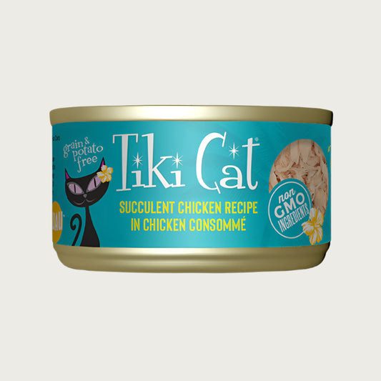 A 2.8 oz can with pull-top lid, of Tiki Cat Succulent Chicken Recipe in Chicken Consomme wet food for cats. Small image on can shows shreds of chicken. Grain & potato free and non GMO ingredients.