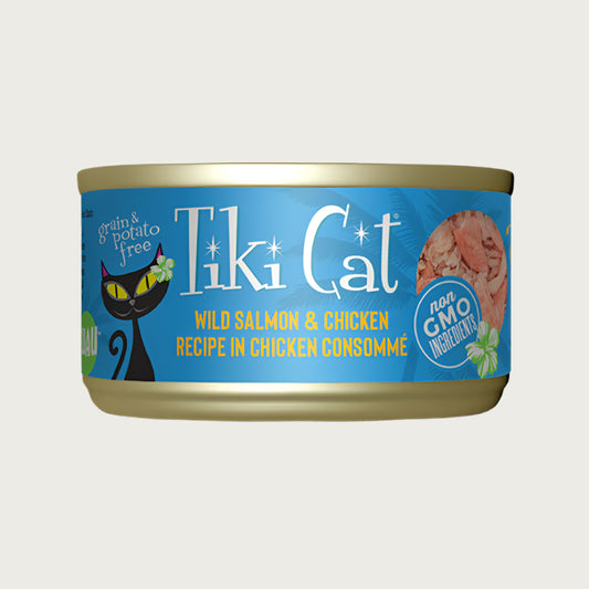 A 2.8 oz can with pull-top lid, of Tiki Cat Wild Salmon & Chicken Recipe in Chicken Consomme wet food for cats. Small image on can shows shreds of chicken topped with large flakes of salmon. Grain & potato free and non GMO ingredients.