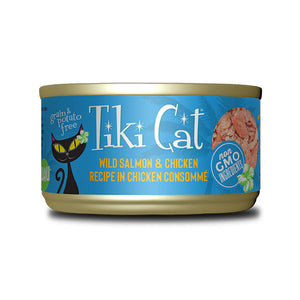 A 2.8 oz can with pull-top lid, of Tiki Cat Wild Salmon & Chicken Recipe in Chicken Consomme wet food for cats. Small image on can shows shreds of chicken topped with large flakes of salmon. Grain & potato free and non GMO ingredients.
