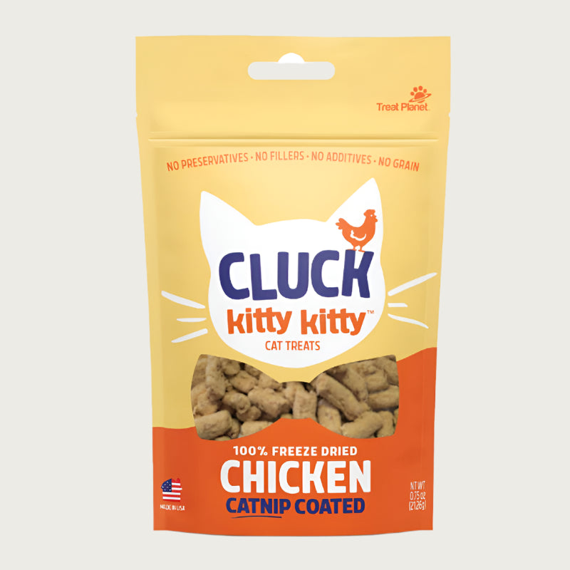 0.75 oz yellow and orange bag with white cat face silhouette, of Cluck Kitty Kitty 100% freeze dried catnip coated chicken cat treats.