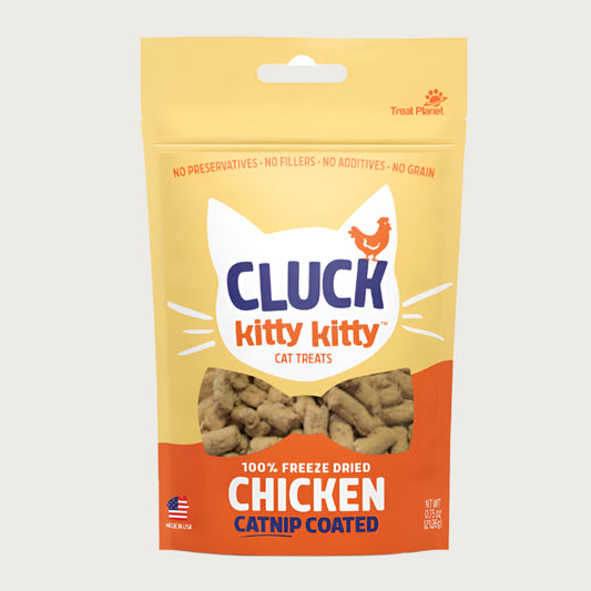 0.75 oz yellow and orange bag with white cat face silhouette, of Cluck Kitty Kitty 100% freeze dried catnip coated chicken cat treats.
