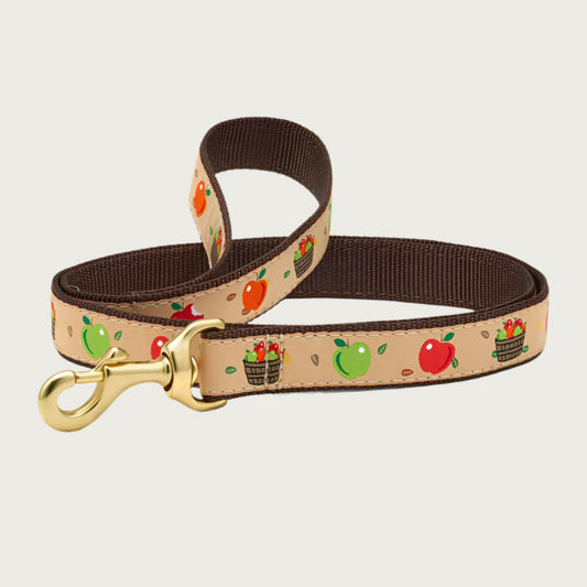 Dog leash with apple & apple bushel pattern in shades of red, green, orange and brown on a tan background. Inner webbing is brown, and the leash has a brass clip.