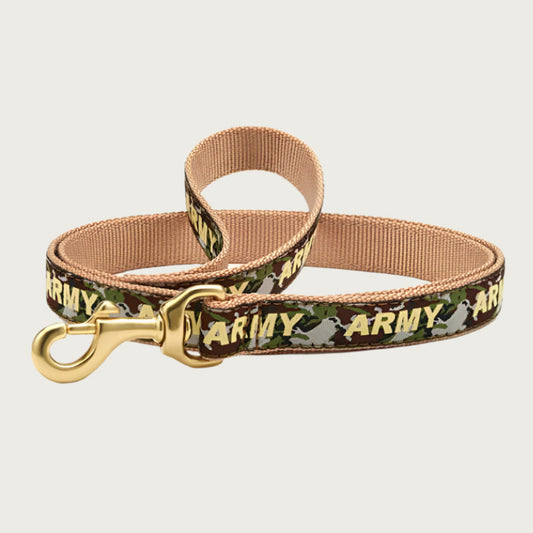 Camouflage dog leash with 'ARMY' text overlay in beige. Inner webbing is beige, and the leash has a brass clip.