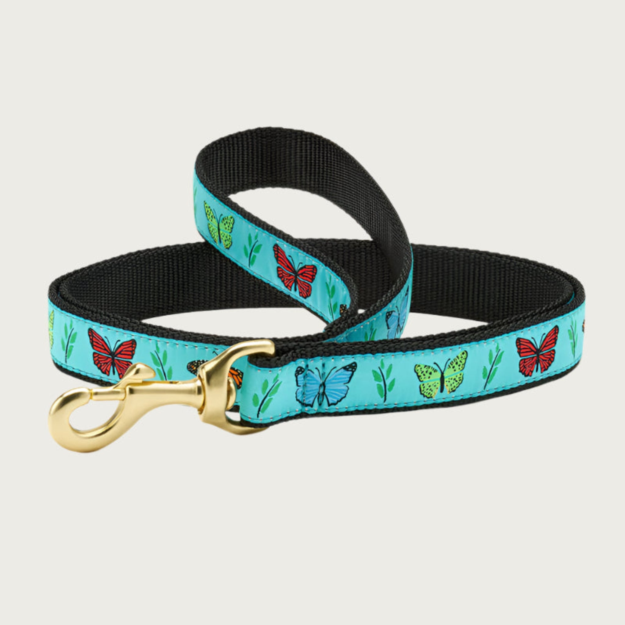 Dog leash with multicolored butterfly pattern on a light aqua blue background. Inner webbing is black, and the leash has a brass clip.