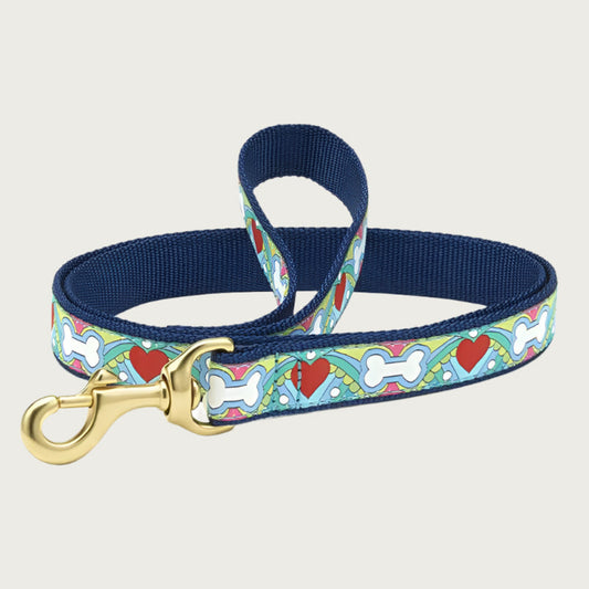 Dog leash with multicolored 60's-style pattern featuring dog bones & red hearts. Inner webbing is navy blue and the collar has a brass clip.