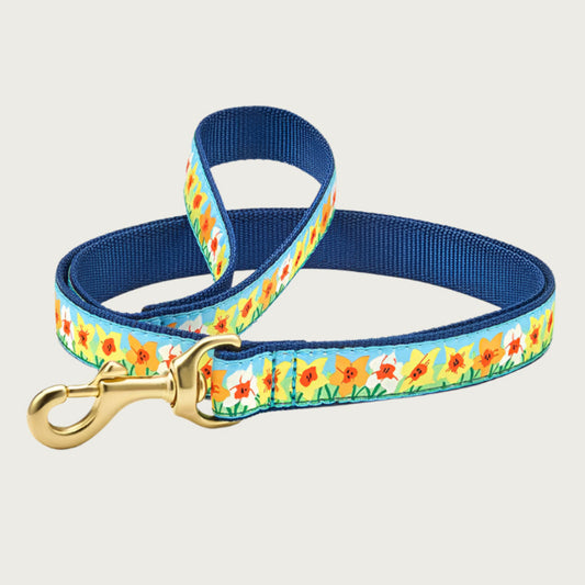 Dog leash with bright daffodil floral pattern in shades of yellow, on a light blue background. Inner webbing is navy blue, and the leash has a brass clip.