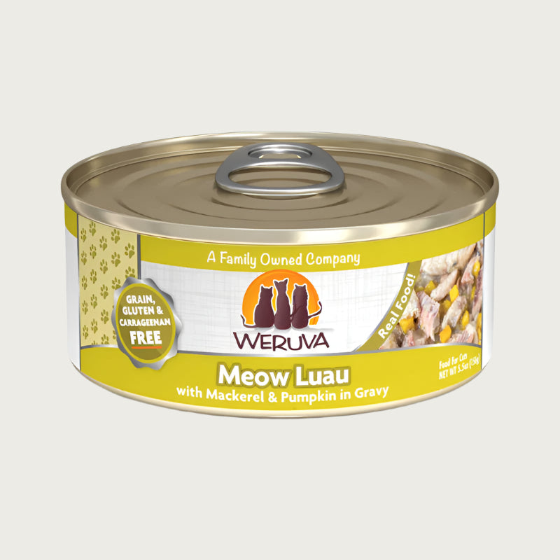 A 5.5 oz can with pull-top lid, of Weruva Meow Luau, with Mackerel & Pumpkin in Gravy wet food for cats. Image on can shows actual food, which is chunks of mackerel and tiny cubes of pumpkin.