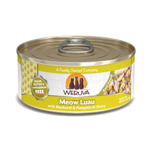A 5.5 oz can with pull-top lid, of Weruva Meow Luau, with Mackerel & Pumpkin in Gravy wet food for cats. Image on can shows actual food, which is chunks of mackerel and tiny cubes of pumpkin.
