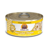 A 5.5 oz can with pull-top lid, of Weruva Paw Lickin' Chicken, chicken recipe in gravy wet food for cats. Image on can shows actual food, which is just shreds of chicken.