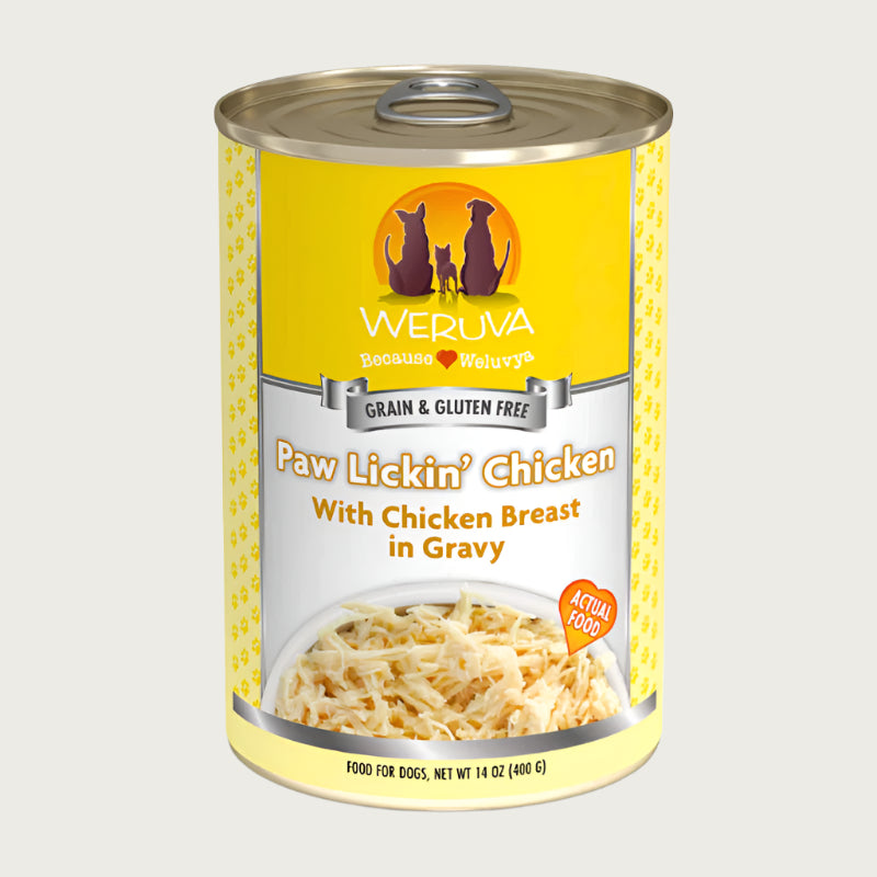 A 14 oz can with pull-top lid, of Weruva Paw Lickin' Chicken, with chicken breast in gravy wet food for dogs. Image on can shows actual food, which is just shreds of chicken.