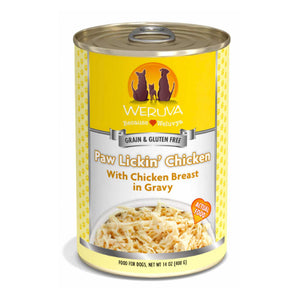 A 14 oz can with pull-top lid, of Weruva Paw Lickin' Chicken, with chicken breast in gravy wet food for dogs. Image on can shows actual food, which is just shreds of chicken.