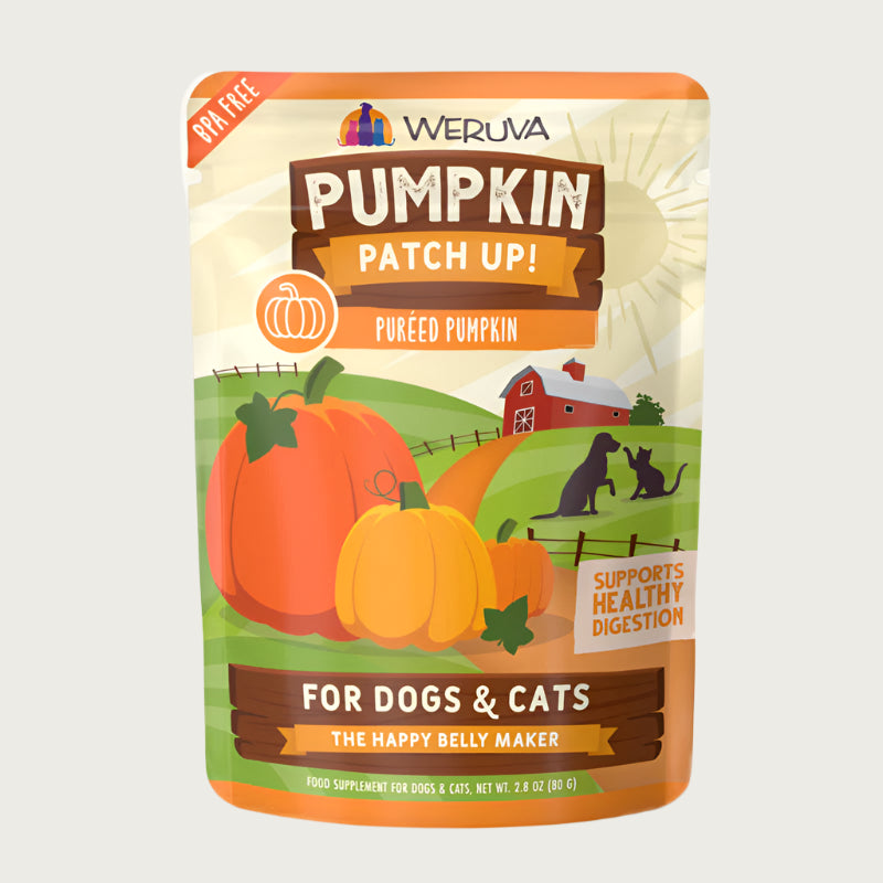 A BPA Free, 2.8 oz pouch of Weruva Pumpkin Patch Up! Pureed Pumpkin food supplement for dogs and cats. Banners on the bottom of the pouch read, "The Happy Belly Maker" and "supports healthy digestion".
