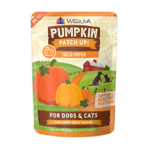 A BPA Free, 2.8 oz pouch of Weruva Pumpkin Patch Up! Pureed Pumpkin food supplement for dogs and cats. Banners on the bottom of the pouch read, "The Happy Belly Maker" and "supports healthy digestion".