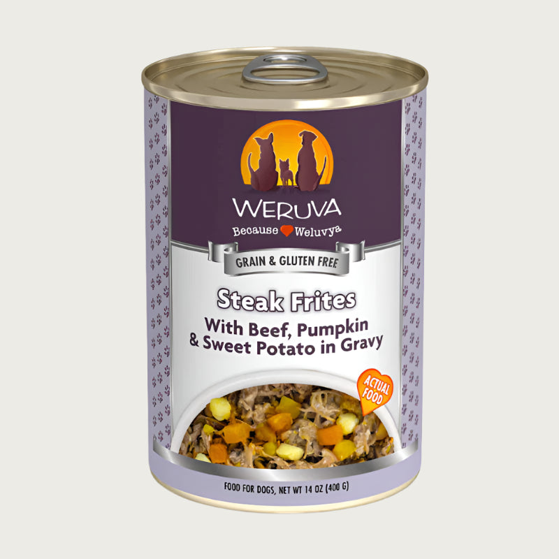 A 14 oz can with pull-top lid, of Weruva Steak Frites Dinner wet food for dogs. Made with beef, pumpkin & sweet potato in gravy. Image on can shows actual food, which is shreds of beef and small chunks of pumpkin and sweet potato.