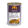 A 14 oz can with pull-top lid, of Weruva Steak Frites Dinner wet food for dogs. Made with beef, pumpkin & sweet potato in gravy. Image on can shows actual food, which is shreds of beef and small chunks of pumpkin and sweet potato.