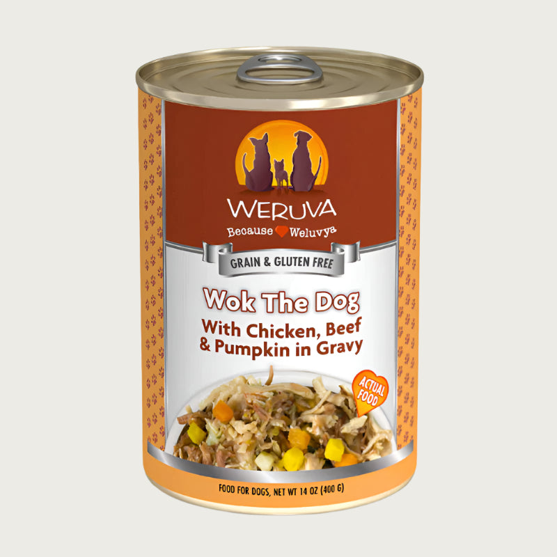 A 14 oz can with pull-top lid, of Weruva Wok The Dog wet food for dogs. Made with chicken, beef, & pumpkin in gravy. Image on can shows actual food, which is shreds of chicken and beef with small chunks of pumpkin.