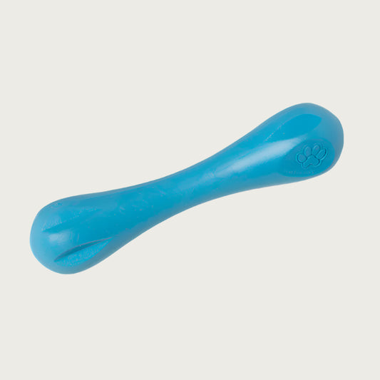 Aqua Blue colored Hurley toy, that looks like a rounded-off bone toy. Each end is larger with indentations for a dog to easily grab, the midsection is thick, but narrower than the ends. 