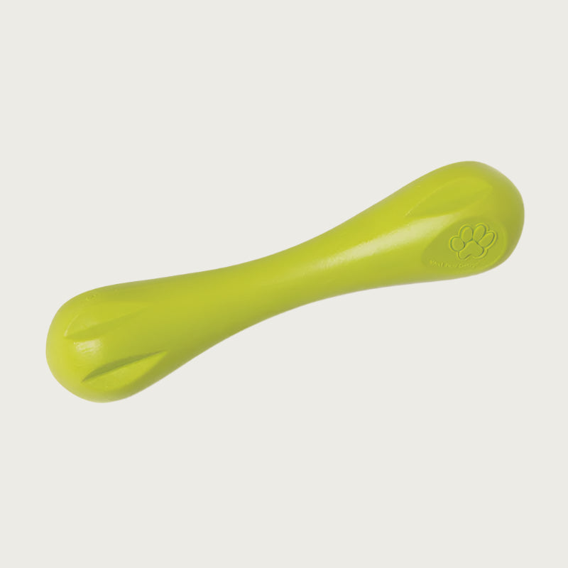 Granny Smith (lime green) colored Hurley toy, that looks like a rounded-off bone toy. Each end is larger with indentations for a dog to easily grab, the midsection is thick, but narrower than the ends. 