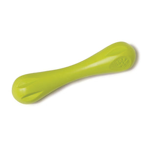 Granny Smith (lime green) colored Hurley toy, that looks like a rounded-off bone toy. Each end is larger with indentations for a dog to easily grab, the midsection is thick, but narrower than the ends. 