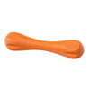Tangerine (orange) colored Hurley toy, that looks like a rounded-off bone toy. Each end is larger with indentations for a dog to easily grab, the midsection is thick, but narrower than the ends. 