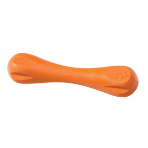 Tangerine (orange) colored Hurley toy, that looks like a rounded-off bone toy. Each end is larger with indentations for a dog to easily grab, the midsection is thick, but narrower than the ends. 