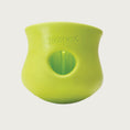 Load image into Gallery viewer, Granny Smith (lime green) colored Toppl toy. It has a cupped shape, with a slight indent on the top 1/3 of the toy, just under its lip. There is a round opening in the center, and the top of the toy is completely open. There are vertical ridges inside it.

