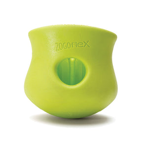 Granny Smith (lime green) colored Toppl toy. It has a cupped shape, with a slight indent on the top 1/3 of the toy, just under its lip. There is a round opening in the center, and the top of the toy is completely open. There are vertical ridges inside it.