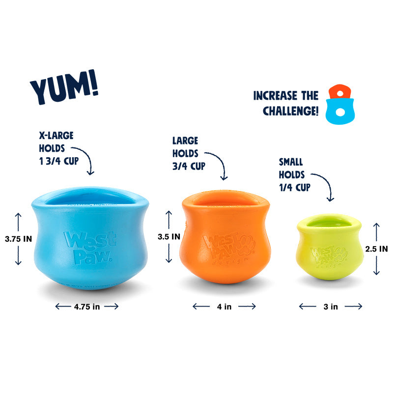 Image showing all three sizes of the Toppl toys, side by side for comparison. Dimensions are provided in the "Size Chart". 