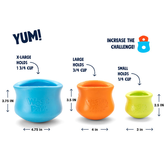 Image showing all three sizes of the Toppl toys, side by side for comparison. Dimensions are provided in the "Size Chart". 