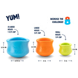 Image showing all three sizes of the Toppl toys, side by side for comparison. Dimensions are provided in the "Size Chart". 