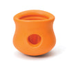 Tangerine (orange) colored Toppl toy. It has a cupped shape, with a slight indent on the top 1/3 of the toy, just under its lip. There is a round opening in the center, and the top of the toy is completely open. There are vertical ridges inside it.