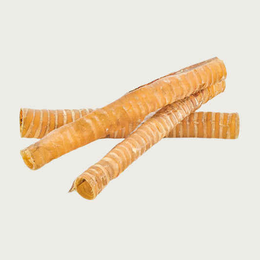 Three 12" long windee dog chews, stacked to show size & color variation. They are thin, hollow (with openings about 2" wide) and shaped like a cylindrical stick.They are tan colored and have a slightly bumpy texture.