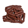 Close-up photo of a small stack of Wet Nose Beef Smokies dog treats. They are reddish brown links, measuring about 2.5" long.