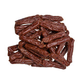 Close-up photo of a small stack of Wet Nose Beef Smokies dog treats. They are reddish brown links, measuring about 2.5" long.