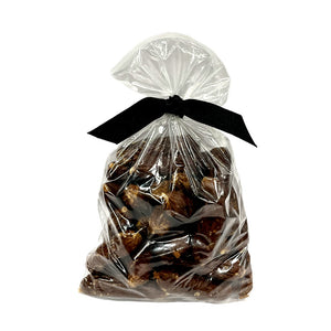 13 oz clear resealable bag of Wet Nose exclusive, Beef Smokies dog treats, tied with black ribbon. Product inside is reddish/brown links. 