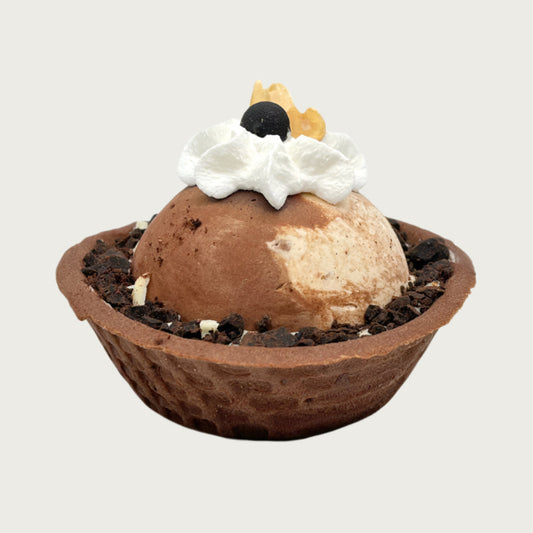 Doggie Ice cream dessert with a scoop of brown & tan swirled ice cream in a brown waffle bowl, topped with a dollop of whipped cream, peanut halves and a carob chip.