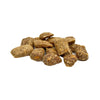 A close-up photo of a small pile of Wet Nose Bunny Drops dog treats. They are pale brown in color, and shaped like pebbles of various sizes, from 0.5" - 1.5" long.