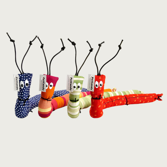 Colorful caterpillar-shaped cat toys with eyes and black string antennas.