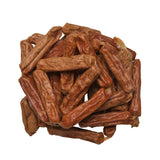Close-up photo of a small stack of Wet Nose Chicken Smokies dog treats. They are light brown colored links, measuring about 2.5" long.